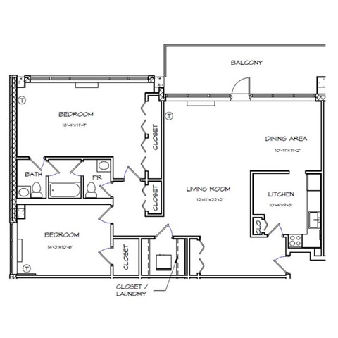 Floor plan for 2 beds, 1.5 baths, 1223 sqft